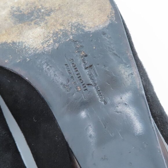 Salvatore Ferragamo 7.5 B Black Suede Tortoise Shell Design Heel Round Toe Italy - Picture 14 of 16